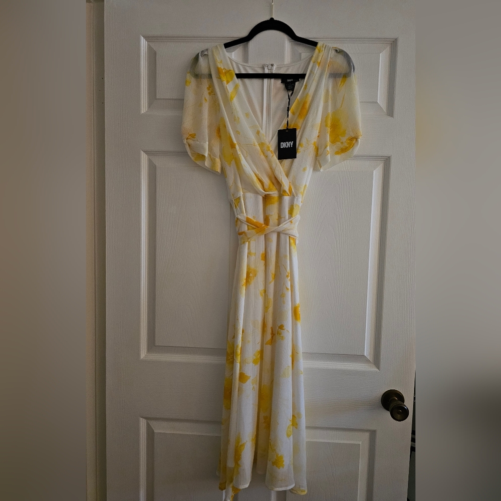 DKNY Yellow Floral Wrap Dress